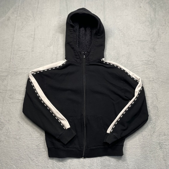 PINK Victoria's Secret Tops - PINK Victoria's Secret Zip Hoodie Women Medium Black Sherpa Hood white Stripe